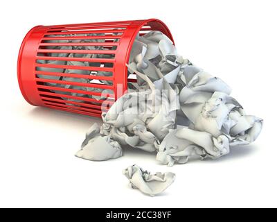 Trash bin full of crumpled paper 3D render illustration isolated on white background Stock Photo