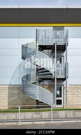 Steel Spiral staircase at a motorway hotel, United Kingdom Stock Photo