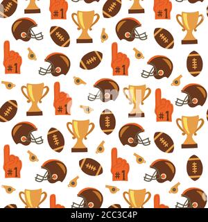 American Football icons hand drawn seamless vector pattern. Sports equipment repeating background with trophy, helmet and footballs. For fabric Stock Vector
