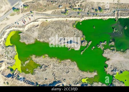 Aerial view of Wetland and recreational park with recycled sewage in the west of Hermosillo. Green water, Aqua color, artificial lake ..... (Photo By Stock Photo