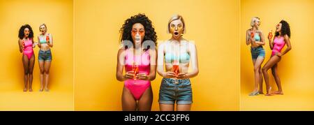 collage of excited multicultural women in summer outfit holding cocktail glasses on yellow, horizontal image Stock Photo