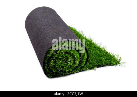 roll with green artificial lawn, coating isolated on white background. Stock Photo