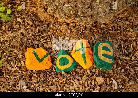 A flat lay composition of painted stones placed on wood chips on forest floor. Stones are colored in yellow and green and the word 'Vote' is written r Stock Photo