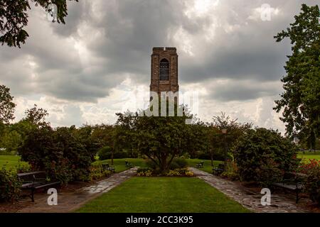 Close up image of the Joseph D. Baker Tower and Carillon that is erected in Baker Park, Frederick in memory of this philanthropist. It is a 70 foot gr Stock Photo