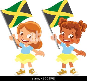 Jamaica flag in hand. Children holding flag. National flag of Jamaica vector Stock Vector