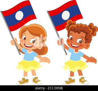 Laos flag in hand. Children holding flag. National flag of Laos vector Stock Vector