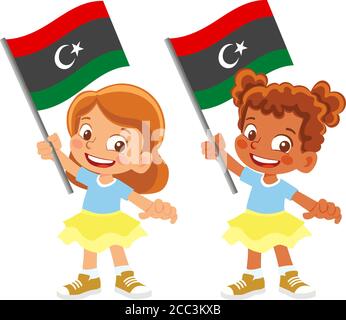 libya flag in hand. Children holding flag. National flag of libya vector Stock Vector