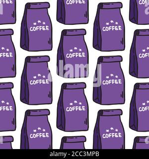 coffee package seamless doodle pattern, vector illustration Stock Vector
