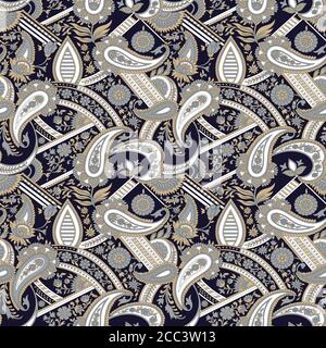 seamless traditional indian paisley pattern on navy background Stock Vector