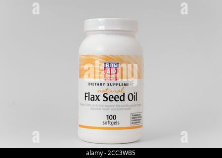 Davis, CA, Aug 16, 2020. Bottle of Flax Sed Oil softgels dietary supplements by Rite Aid Pharmacy Stock Photo