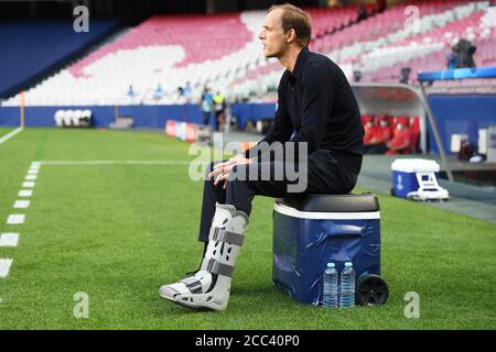 Lisbon, Portugal. 18th Aug, 2020. Thomas Tuchel, Manager of Paris Saint-Germain looks on prior to the UEFA Champions League Semi Final match between RB Leipzig and Paris Saint-Germain F.C in Lisbon, Portugal, Aug. 18, 2020. Credit: Julian Finney/UEFA via Xinhua/Alamy Live News Stock Photo