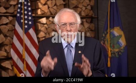 In this image from the Democratic National Convention video feed, United States Senator Bernie Sanders (Independent of Vermont) makes remarks on the first night of the convention on Monday, August 17, 2020.Credit: Democratic National Convention via CNP /MediaPunch Stock Photo