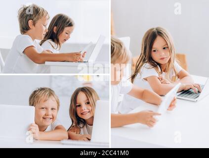 collage of brother and sister using laptops together at home while sitting at table Stock Photo