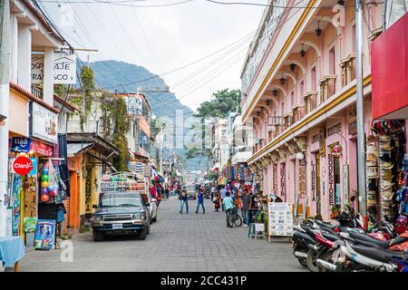 Shops and restaurants in shopping street in the town Panajachel at Lago de Atitlán / Lake Atitlan, Sololá Department, Guatemala, Central America Stock Photo