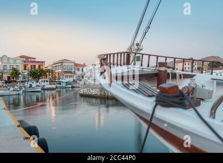 Myrina, Lemnos island, Greece the magical touristic Greek islands at sunset. Port of Limnos panoramic view at dusk. Long exposure HDR landscape photog Stock Photo