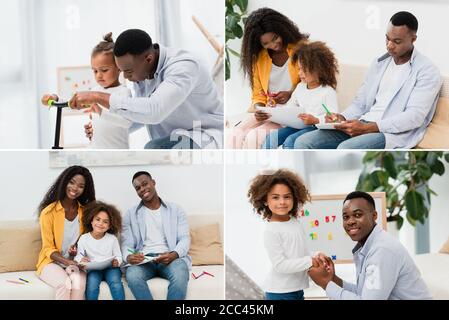 collage of african american family sitting on sofa, father and son touching scooter, dad and daughter holding hands at home Stock Photo