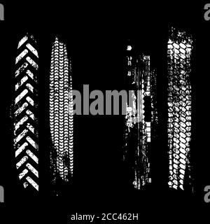 White tire track texture set isolated on black background. Vector design elements. Stock Vector