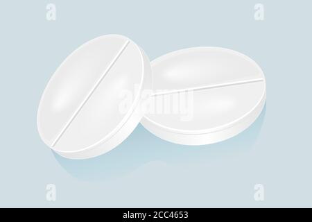 White pills isolated on blue background. Two circle pill or tablet icon or logo. Cure pills, aspirin, antibiotics, vitamin and painkiller drugs.Vector Stock Vector