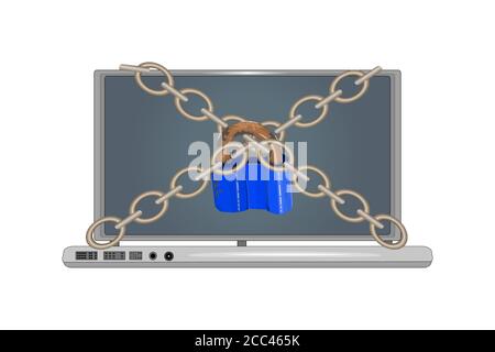 Lock with chain around laptop isolated on white background. Computer are bound with chains and locked with a padlock.Concept of security center.Vector Stock Vector