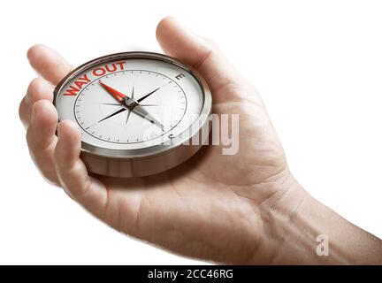 Man hand holding compass with needle pointing the text way out over white background. Concept of crisis exit plan or strategy. Composite image between