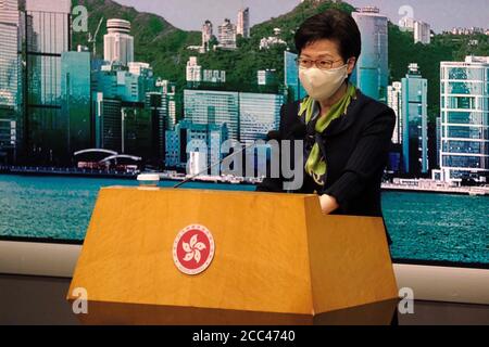 Hong Kong, China. 18th Aug, 2020. Chief Executive of the Hong Kong Special Administrative Region (HKSAR) Carrie Lam speaks at a press briefing in Hong Kong, south China, Aug. 18, 2020. Hong Kong will roll out the third round of relief measures to mitigate impacts of the continued COVID-19 epidemic on the economy. TO GO WITH 'Hong Kong to launch 3rd round of relief measures for virus-hit economy' Credit: Lui Siu Wai/Xinhua/Alamy Live News Stock Photo