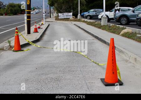 Goleta, California, USA. 17th Aug, 2020. The Drive through at Patterson Ave. Post Office is closed off with 'Caution' tape and orange safety cones since the Mailbox that served thousands a day in the Goleta, California community was taken away by the United States Post Office. Credit: Amy Katz/ZUMA Wire/Alamy Live News Stock Photo