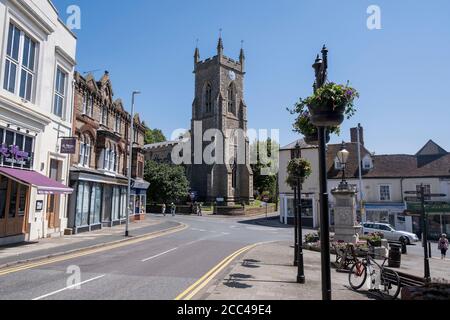 George Courtald Memorial and St. Andrews Church in Halstead Town Centre, Essex, England, UK. Stock Photo