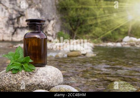 Bottle with essential oil and mint isolated on natural background. Stock Photo