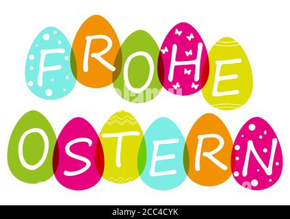 Postcard design with colorful eggs wishing Happy Easter day in German Stock Photo
