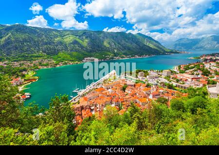 Kotor old town or stari grad aerial panoramic view in Bay of Kotor or Boka Kotorska, Montenegro Stock Photo