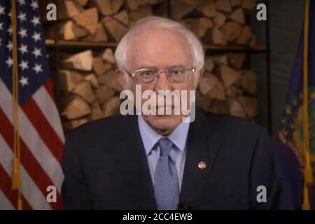 (200818) -- WASHINGTON, D.C., Aug. 18, 2020 (Xinhua) -- Former Democratic presidential candidate, U.S. Senator Bernie Sanders speaks in a frame grab from a video feed of the 2020 Democratic National Convention, being held virtually amid the novel coronavirus pandemic, as participants from across the country are hosted over video with the control center in Milwaukee, Wisconsin, the United States, Aug. 17, 2020.  The almost entirely virtual 2020 U.S. Democratic National Convention kicked off on Monday night.   During the four-day event, presumptive Democratic presidential nominee Joe Biden will Stock Photo