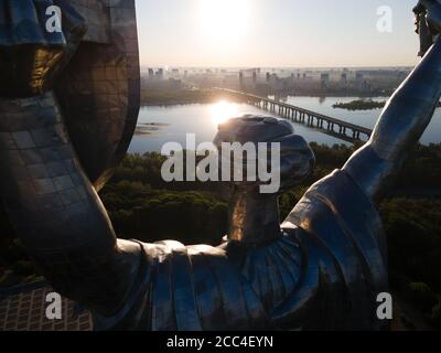 Monument Motherland in the morning. Kyiv, Ukraine. Aerial view Stock Photo
