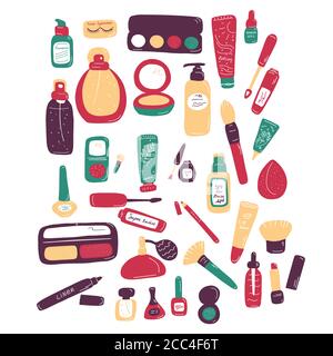 Visage set. Makeup and beauty elements. Skin Care Cosmetics and Decorations. Hand drawn doodle vector illustration Stock Vector