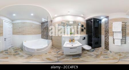360 degree panoramic view of MINSK, BELARUS - MAY, 2018: full seamless hdri panorama 360 degrees angle view in interior of bathroom in modern flat apartments in equirectangular pr