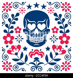 Mexical skull and flowers vector design, Halloween and Day of the Dead decoration - folk art style Stock Vector