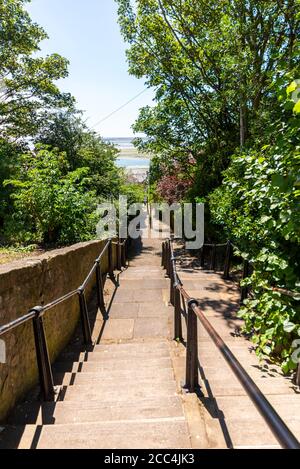 Church Hill pedestrian steps leading from St Clements Church down towards Old Leigh, in Leigh on Sea, Essex, UK, and the Thames Estuary Stock Photo