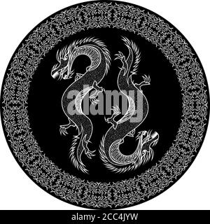two outline oriental dragons in black ornamented circle or plate Stock Vector
