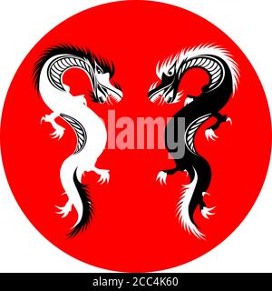 two black and white dragons on red circle in oriental style Stock Vector