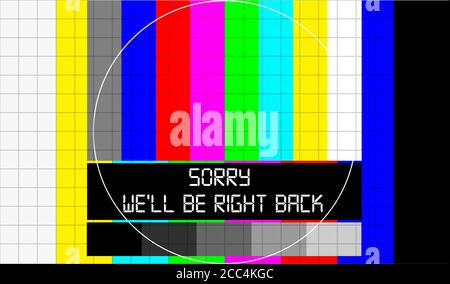 test pattern with caption we'll be right back, offline, website down error sign,vector Stock Photo