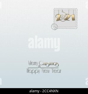 Luxury minimalist Happy New 2021 Year design with hanging gold 2021 digit on white green pastel background and text Merry Christmas Happy New Year. Mock up, Copy space, greeting card. 3D illustration Stock Photo