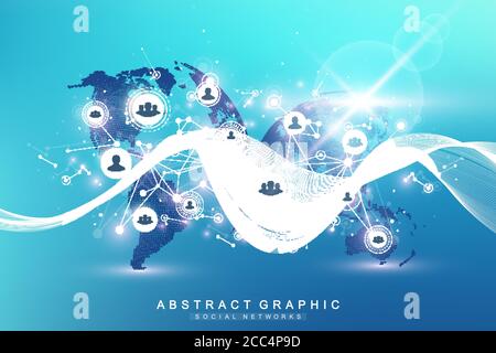 Social media network and marketing concept on World Map background. Global business concept and internet technology, Analytical networks. Vector Stock Vector