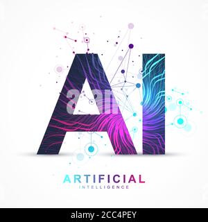Artificial Intelligence and Machine Learning Vector Concept in Neural Network. AI Web Banner Design with Human Face. Wave Flow Communication. Digital Stock Vector
