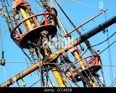 The Golden Hinde docked on the River Thames London England UK a full sized replica of  Sir Francis Drake's 16th Century warship galleon ship which is Stock Photo