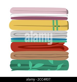 Stack of old bedroom linen of different patterns and colors. Quilts, comforters, and duvet covers pile isolated on white background. Vector Stock Vector