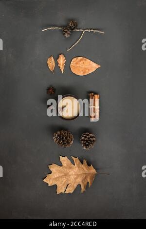 Autumn Leaves and cup of hot drink creative flat lay. Fall Background. Dried leaves, pine cones and coffee or tea on black, Thanksgiving day cozy conc Stock Photo