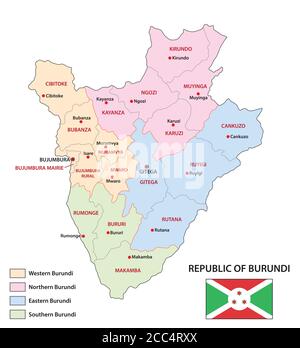 New administrative vector map of Burundi with flag Stock Vector