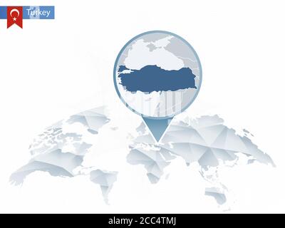 Abstract rounded World Map with pinned detailed Turkey map. Map and flag of Turkey. Vector Illustration. Stock Vector