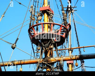 The Golden Hinde docked on the River Thames London England UK a full sized replica of  Sir Francis Drake's 16th Century warship galleon ship which is Stock Photo