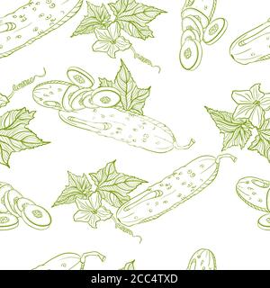 Monochrome seamless pattern of cucumbers. Vector hand drawn illustration isolated on white background Stock Vector