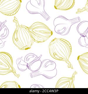 Monochrome seamless pattern of onion and garlic. Vector hand drawn illustration isolated on white background Stock Vector